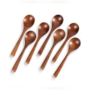 7PC Natural Hardwood Wooden Spoon Set | 7" Tea Coffee Honey Dessert Spoons